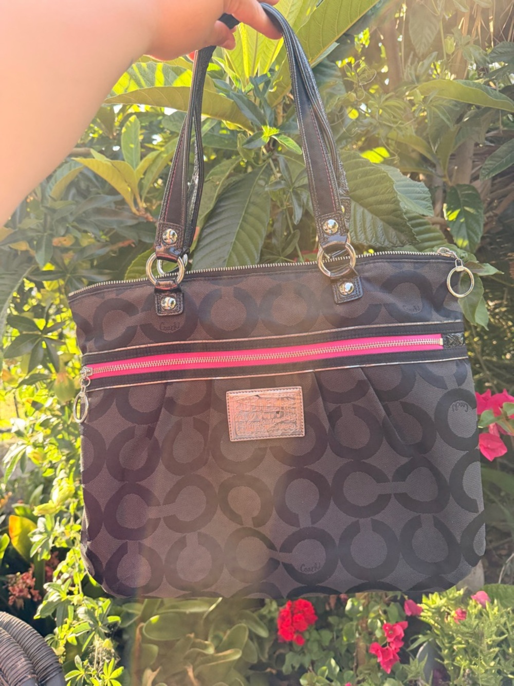 Coach Black Signature Tote with Pink Zip